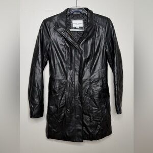 Cole Haan Women's Long Sleek Black faux Leather Jacket. Stunning! Quilt lining.
